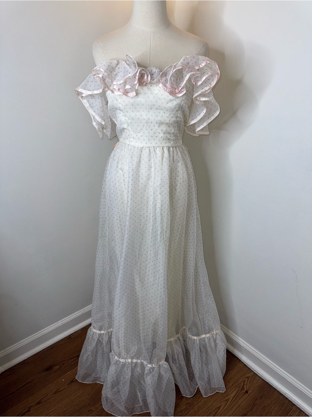 Women’s Vintage 80’s XXS/XS White Pink Floral Off Shoulder Prom Dance Maxi Dress
